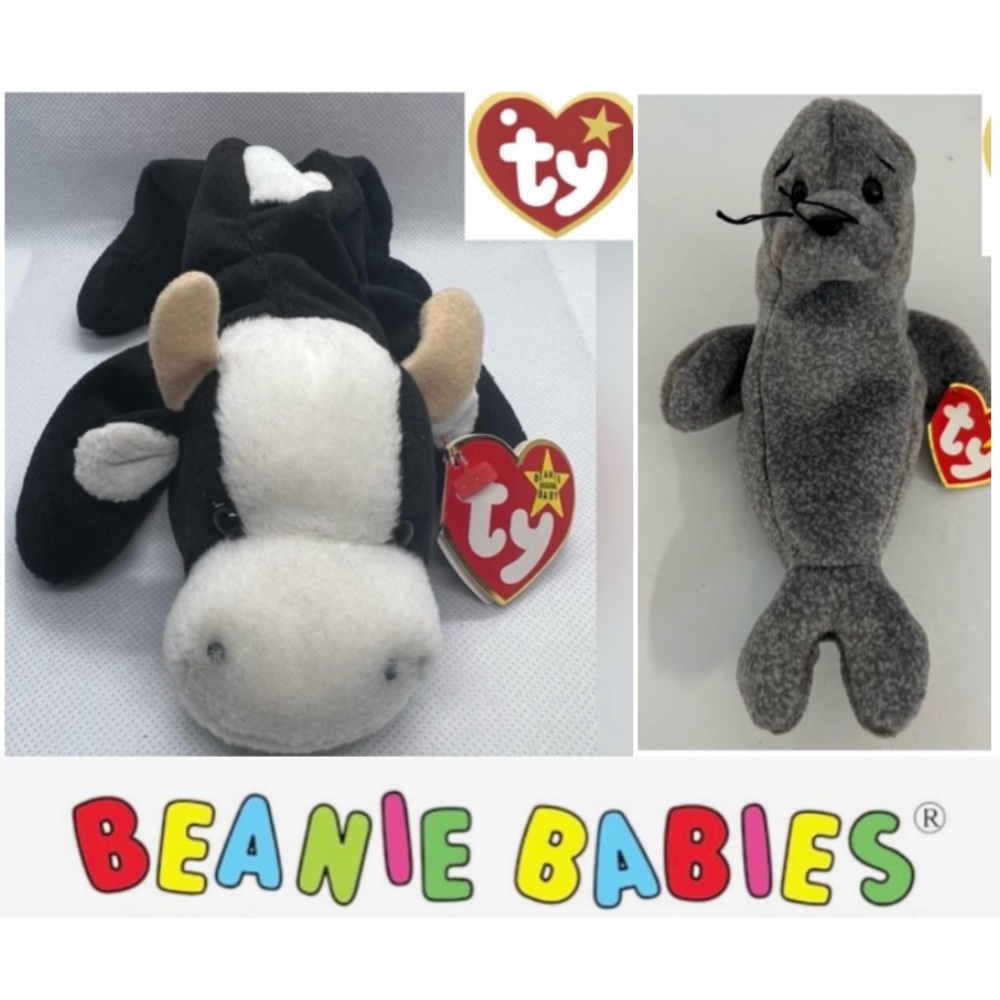 Ty Beanie Babies Black / White Cow and gray seal Plush